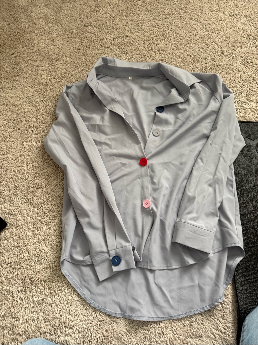Amazon Light Gray Women’s Button Down Shirt with Multicolored Buttons